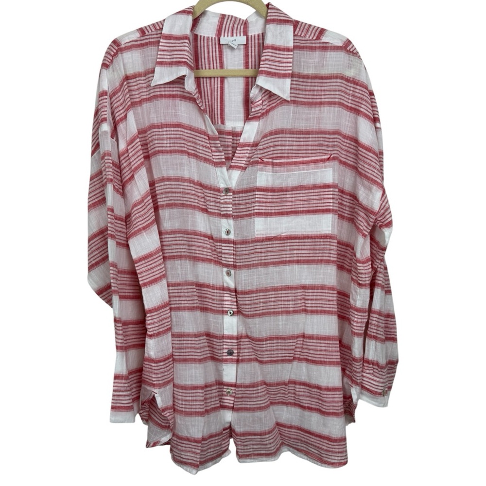 J. Jill Red & White Striped Button Down Top - Size 2X